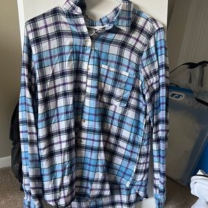 Purple blue black and white plaid button up long sleeve